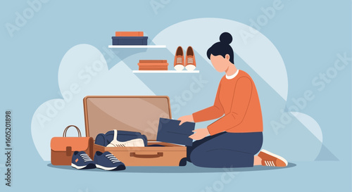 Woman Prepares Travel Suitcase For Vacation Or Business Trip At Home