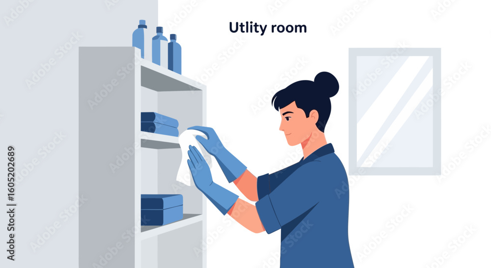 Fototapeta premium Woman Cleaning A Shelf In A Utility Room For Home Hygiene Tasks