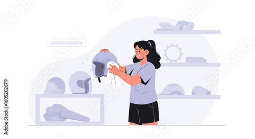Woman Cleaning A Motorcycle Helmet In A Garage Full Of Spare Parts