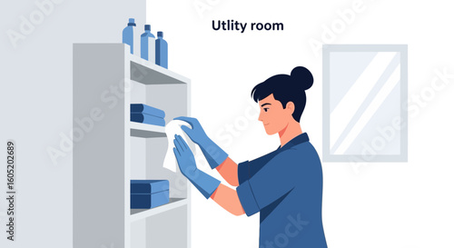 Woman Cleaning A Shelf In A Utility Room For Home Hygiene Tasks