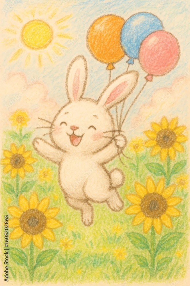 Obraz premium Playful rabbit jumping amid golden sunflowers, grasping multicolored balloons under radiant sunlight, embodying pure joy and childlike wonder