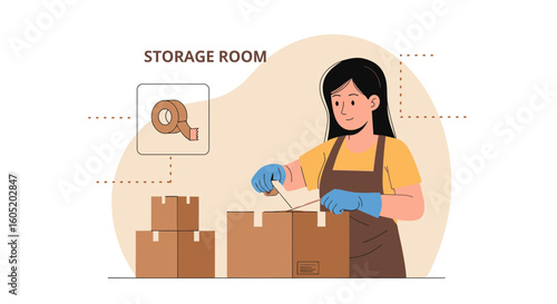 Woman Preparing Boxes For Moving Or Storage In A Storage Room