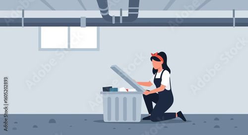 Woman Cleaning Basement Looking Into Storage Bin With Light From Window