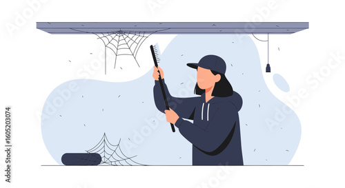 Woman Cleaning Cobwebs With Long Brush On Ceiling For Home Maintenance