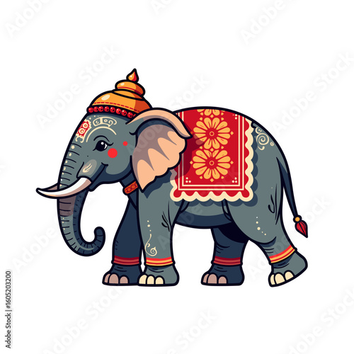 Colorful patterned elephant walking on white background with copy space
