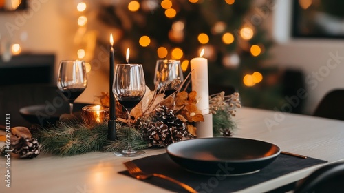 Elegant Dinner Table Setting With Candles and Holiday Decorations in Cozy Atm...