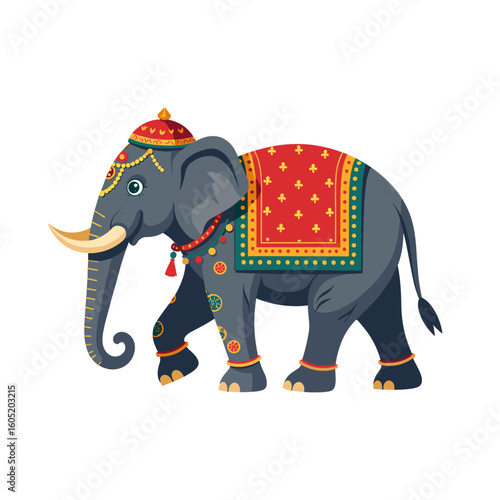 Decorated elephant walking on white background with vibrant colors and copy space
