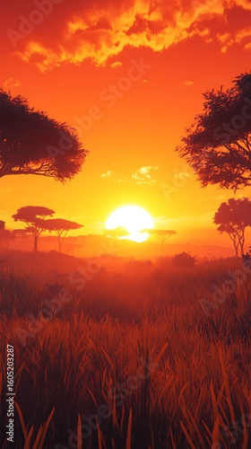 Breathtaking sunset over african plains and acacia high resolution picture