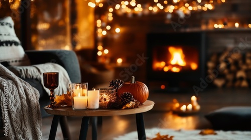 Cozy Autumn Evening With Candles and Decorations by the Fireplace