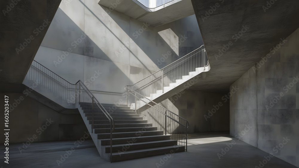 Fototapeta premium Brutalist concrete staircases in foggy abandoned structure
