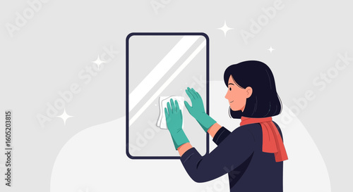 Woman Cleaning Mirror With Glove And Cloth For Hygiene Housekeeping