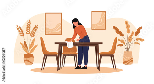 Woman Cleaning Table in Modern Minimalist Dining Room with Plants and Decor