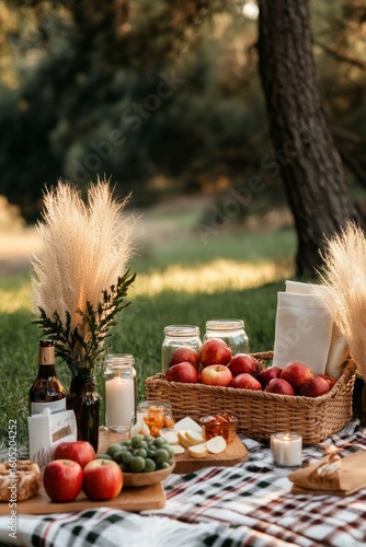 Cozy Outdoor Picnic With Fresh Fruits and Beverages on a Sunny Meadow
