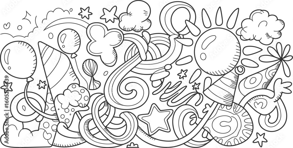 Fototapeta premium Cheerful Celebration Doodles Featuring Balloons, Stars, Party Hats