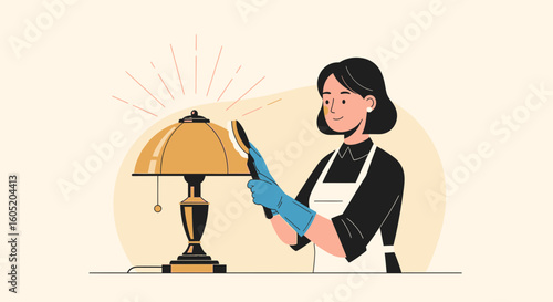 Woman Cleaning Vintage Lamp With Brush In Gloves And Apron On Neutral Background