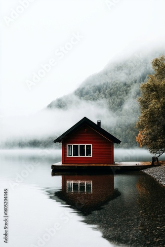 Red Cabin on Small Island Reflecting in Calm Water Surrounded by Misty Mounta...