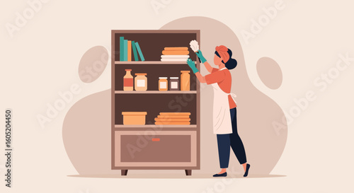 Woman Cleans A Bookcase In The House With Feather Duster And Apron