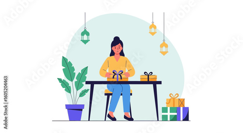 Woman Preparing Islamic Holiday Gifts At Home Festive Celebrations