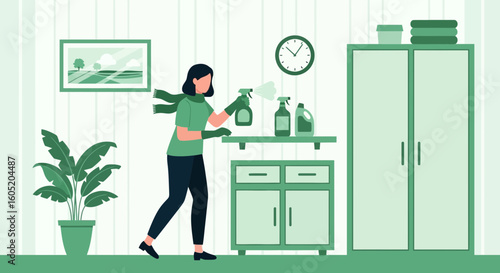 Woman Cleans A Room With Disinfectant Spray And Protective Gloves Vector Illustration