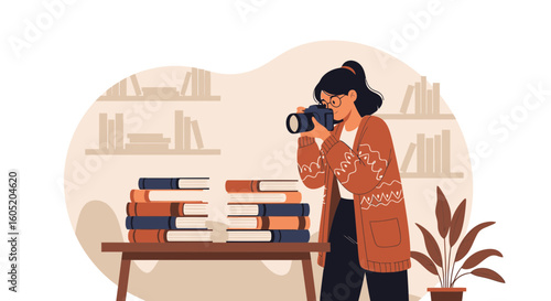 Young Woman Taking Photographs of Stacks of Books At Home Studio