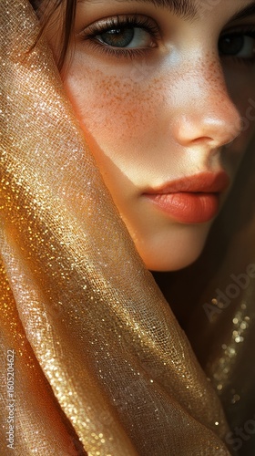 Young Woman With Freckles Wearing a Golden Scarf and Soft Makeup in a Close-U...