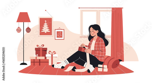 Woman Comfortably Unwrapping Christmas Gifts At Home On A Cozy Carpet