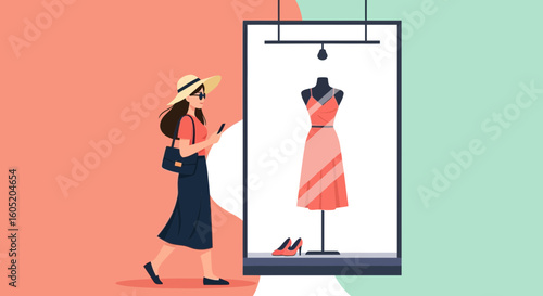 Young Woman Window Shopping And Using Mobile Phone In Summer Fashion