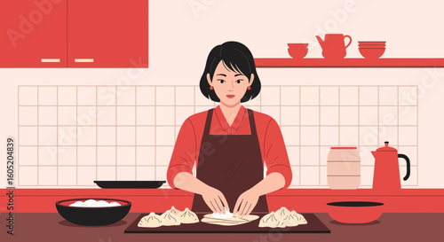 Woman Preparing Traditional Asian Dumplings In A Minimalist Kitchen Setting