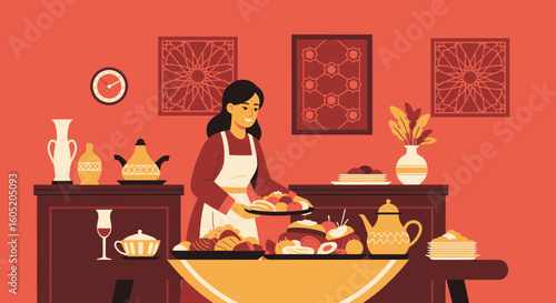 Woman Preparing Traditional Middle Eastern Cuisine In a Beautifully Decorated Room