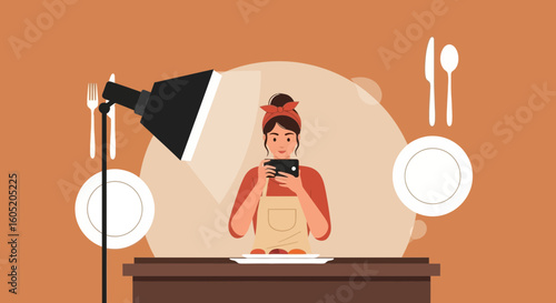 Woman Creates Content For Her Culinary Blog With Phone And Professional Lighting