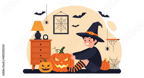 Young Witch Preparing Pumpkins For A Fun Halloween Celebration Party