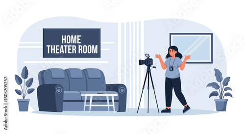Woman Presenting a Home Theater Room Set Up for a Video Conference