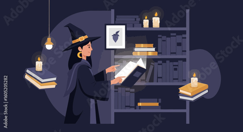 Young Witch Reading Spell Book In Library With Candles And Magic Glow