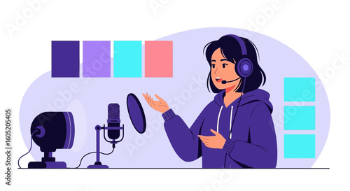 Woman Creates Content In The Studio Using Sound Equipment For Podcast Recording