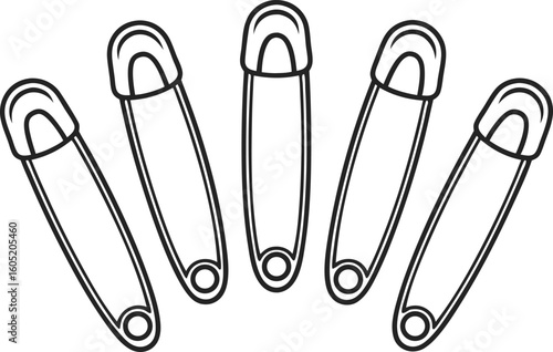 Five outline safety pins arranged in a fan shape on fastener fastening