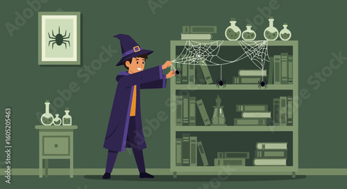 Young Wizard Decorating For Halloween With Spiders And Cobwebs At Home