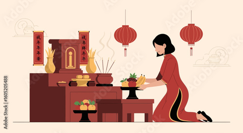 Woman Presents Fruit on Lunar New Year Altar with Red Lanterns