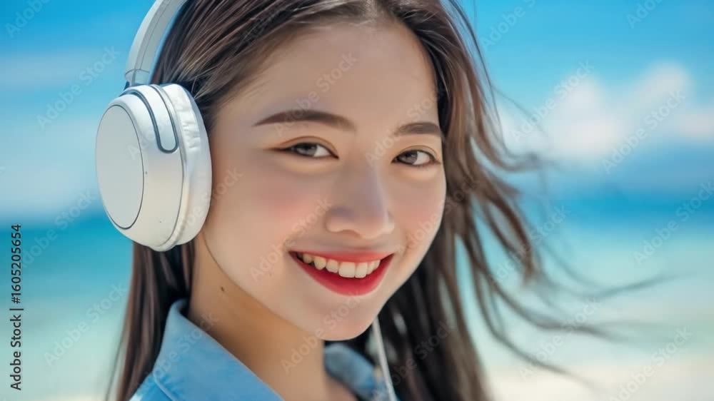 Smiling Woman with Headphones on Beach Smiling Woman with Headphones on Beach