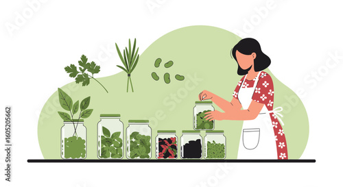 Woman Preserving Fresh Herbs In Jars For Future Culinary Recipes Storage
