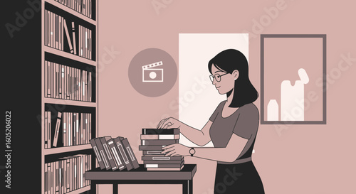 Young Woman Arranging Books In Library Scene For Media Production Promotion