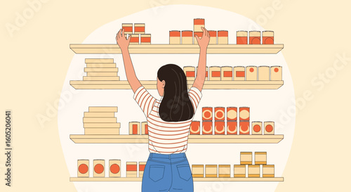 Woman Reaching for Food Cans on Shelves in Supermarket or Pantry