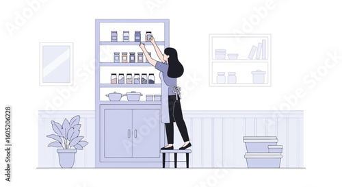 Woman Reaching for Ingredient Jar on Shelf in Kitchen Pantry