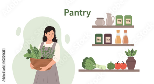 Young Woman Arranging Pantry with Homegrown Herbs and Fresh Produce