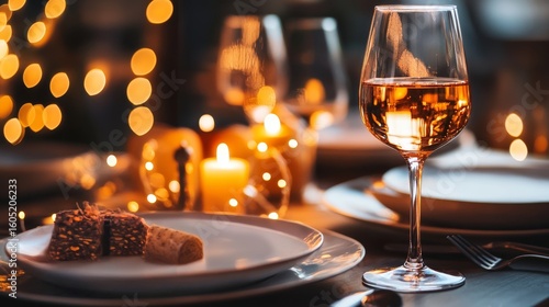 Elegant Dinner Setting With Warm Lighting and Fine Wine During a Romantic Eve...