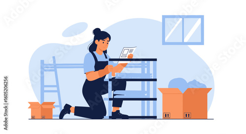 Young Woman Assembling Furniture Following Instructions In Her New Apartment