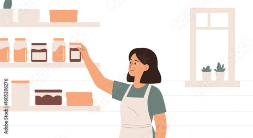 Woman Reaching For Jar On Pantry Shelf For Homemade Conserves In Kitchen