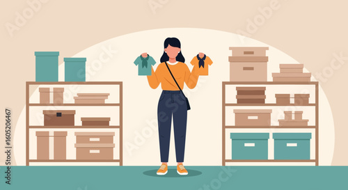 Woman Deciding Between Two Shirts In A Well Organized Storage Room