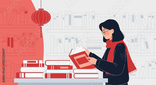 Woman Reading a Book in the Library With Chinese New Year Decoration