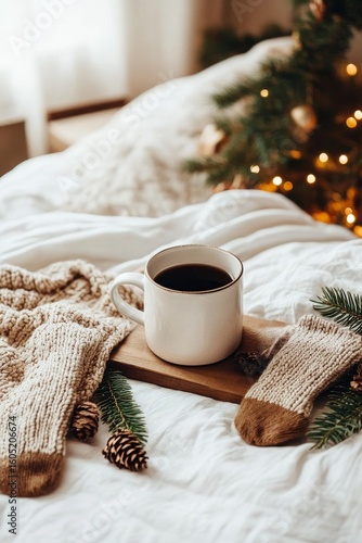 Cozy Winter Morning With Coffee, Knitted Socks, and Pinecones by the Christma...
