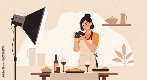 Young Woman Capturing Culinary Delights With a Camera in a Warm Kitchen